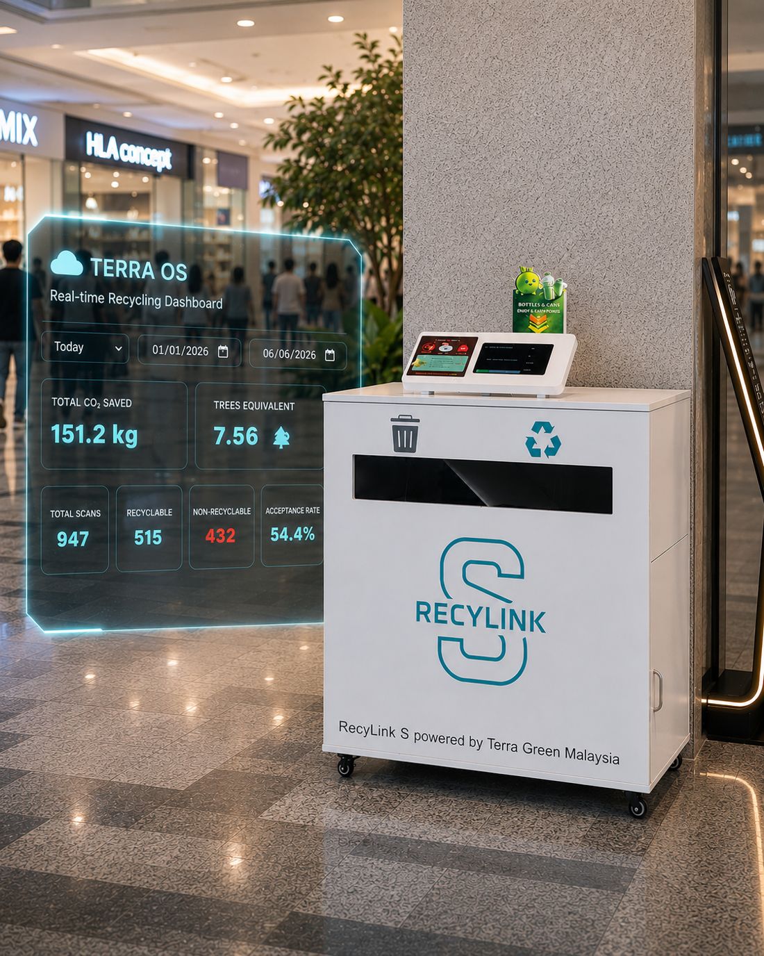 RecyLink S deployed in a mall with Terra OS real-time recycling dashboard overlay